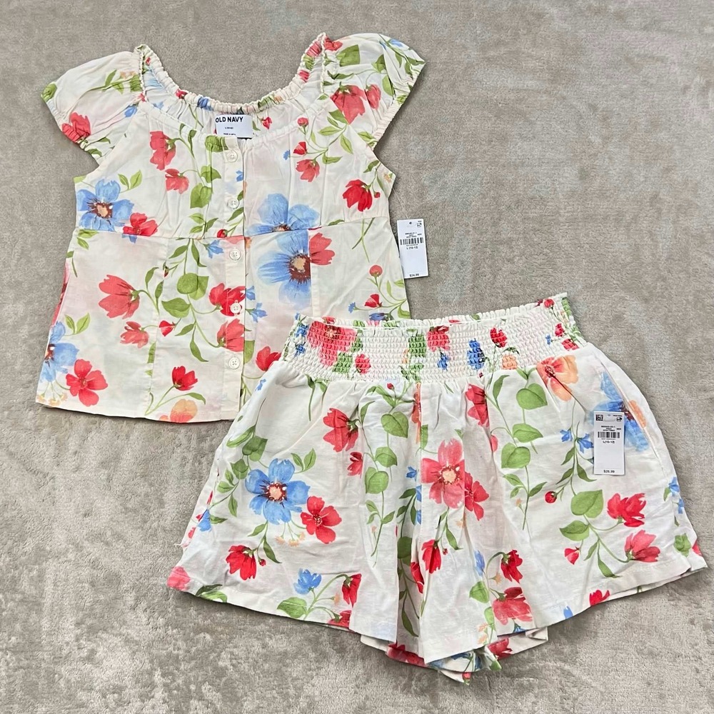 Old Navy Girls Floral Linen Blend Top and Shorts Set Size L 10-12 NWT